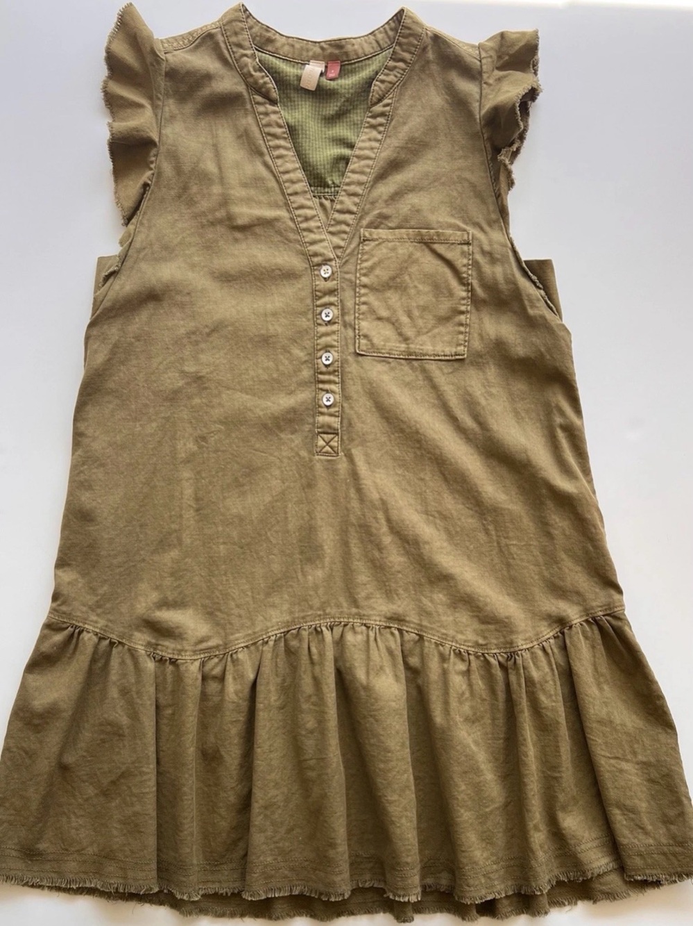 Pilcro Olive Ruffle-Hem V neck Short Cotton Dress